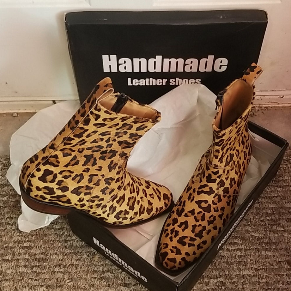 LEOPARD PRINT FUR PONY HAIR HANDMADE LEATHER BOOTS
